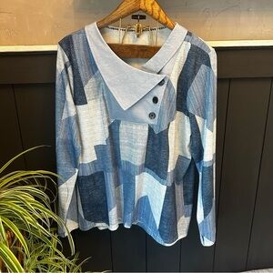 Exclusive Patchwork Blue Denim Print Country Long‎ Sleeve Women's Top size XXL